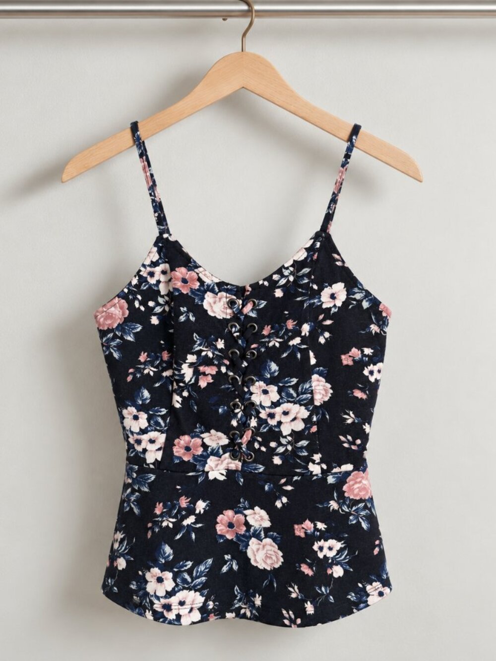 American Eagle Floral Lace-Up Peplum Cami Top XS Black Pink Cotton